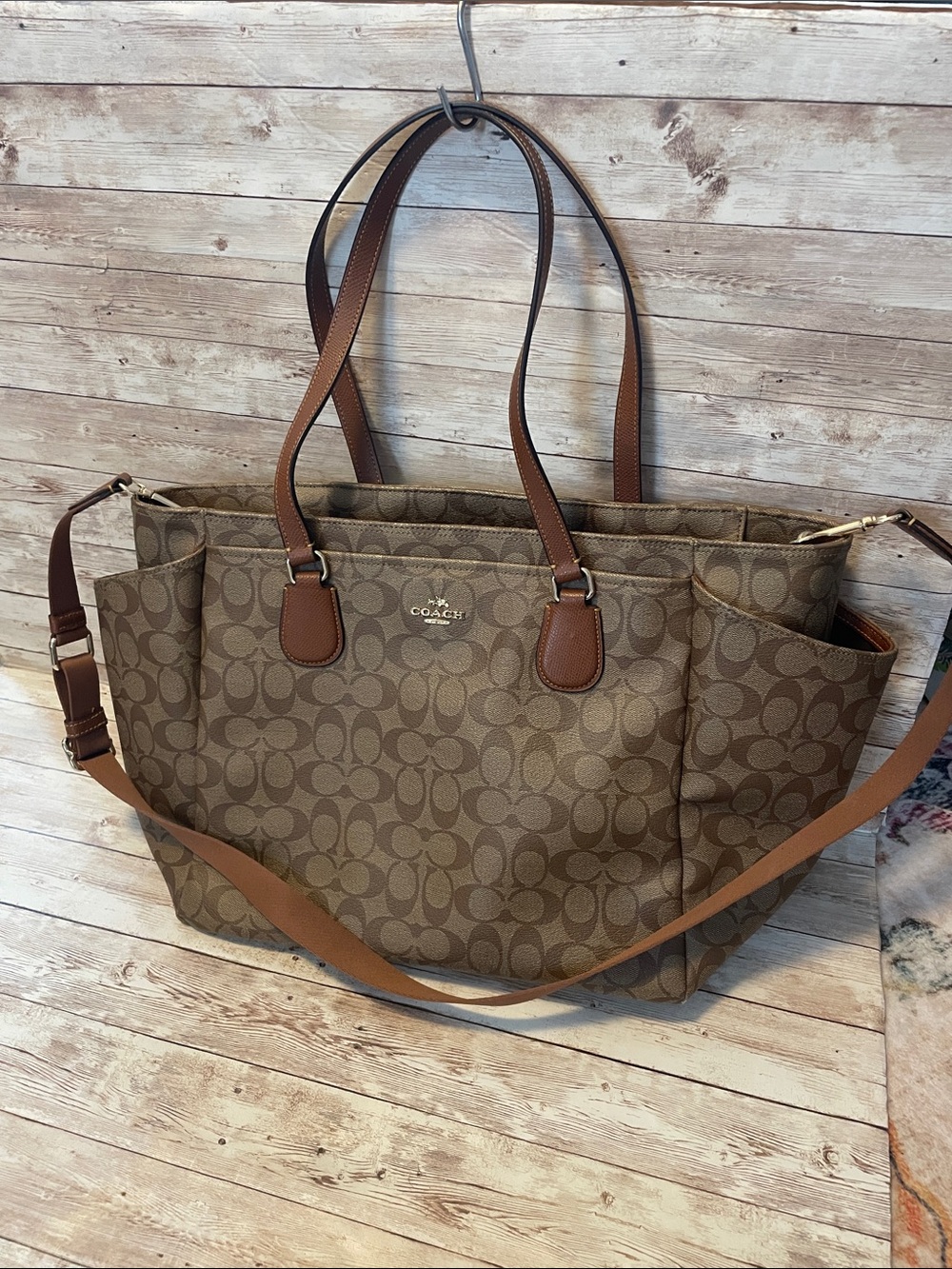 Coach Brown Signature Canvas Diaper Bag/Tote with Adjustable Crossbody Strap